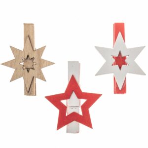 Sterne mit Klammer natur-rot-weiß 6 Stück