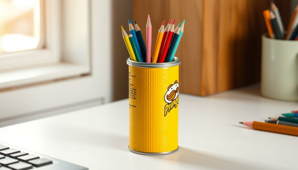 A DIY pencil holder made from a Pringles can, standing upright on a desk. The can is painted a vibrant yellow, with a textured surface resembling the original potato chip can. The top of the can is fitted with a wooden lid, stained a warm brown, creating a rustic, handmade aesthetic. Several colorful pencils and markers protrude from the open lid, giving the piece a functional and organized appearance. The desk surface is a clean, white wood, allowing the yellow can to pop against a minimalist background. Warm, natural lighting from a nearby window casts a soft glow, highlighting the materials and craftsmanship. An inviting, creative workspace vignette.