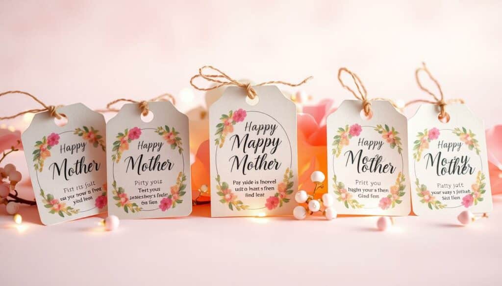 A beautifully crafted arrangement of personalized gift tags, each adorned with a delicate floral design and a heartfelt message. The tags are positioned against a soft, pastel background, creating a warm and inviting atmosphere. The lighting is gentle, with a subtle glow that highlights the intricate details of the tags. The composition features a balanced, symmetrical layout, drawing the viewer's eye to the center of the frame. The overall mood is one of thoughtfulness, care, and the celebration of motherhood.
