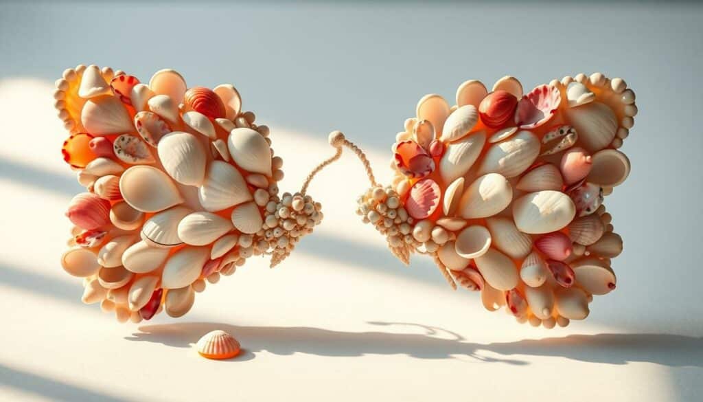 A beautifully crafted arrangement of vibrant seashells, meticulously arranged to form the graceful silhouettes of butterflies. A captivating centerpiece, the shells shimmer with an array of natural hues - from the delicate pastels of a sunrise to the rich, jewel-toned iridescence of a tropical ocean. Soft, diffused lighting casts warm, inviting shadows, lending an air of whimsical enchantment to the scene. The butterflies, poised in mid-flutter, evoke a sense of lightness and joy, inviting the viewer to marvel at the unexpected beauty that can be found in the everyday objects of the natural world.