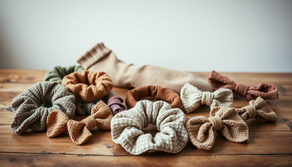 A charming still life showcasing a selection of handcrafted hair accessories made from upcycled socks. In the foreground, a variety of creative hair scrunchies, headbands, and bows in muted earthy tones lie artfully arranged on a wooden table, their textures and patterns reflecting the natural character of the repurposed materials. The middle ground features a pair of well-worn socks, partially unraveled, hinting at the DIY transformation process. Soft, diffused lighting bathes the scene in a warm, homespun ambiance, evoking a sense of craftsmanship and personal expression. The overall mood is one of rustic elegance and sustainable creativity.