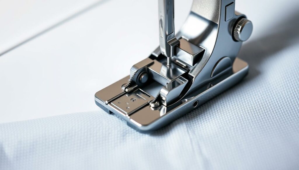 A close-up view of a sewing machine's presser foot, also known as a "Nähfuß", captured in crisp, high-resolution detail. The foot is made of polished metal, with a sleek, curved design that smoothly glides across the fabric. Soft, directional lighting illuminates the intricate mechanisms and grooves, casting subtle shadows that accentuate the textural details. The image is framed against a neutral, slightly blurred background, allowing the presser foot to be the focal point. The composition emphasizes the functional elegance and precision engineering of this essential sewing machine component.