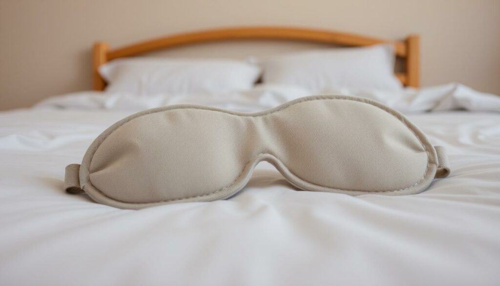 A cozy bedroom scene with a pair of soft, plush sleep masks resting on a crisp white bedsheet. The sleep masks are crafted from a textured, natural-colored fabric, perhaps linen or cotton, with delicate stitching along the edges. Soft, diffused lighting illuminates the scene, creating a warm and relaxing atmosphere. The sleep masks are positioned in the foreground, drawing the viewer's attention to their simple yet elegant design. In the middle ground, a minimalist wooden bedframe and a fluffy duvet cover create a serene, uncluttered backdrop. The background fades into a softly blurred, neutral-toned wall, allowing the sleep masks to be the focal point of the image.