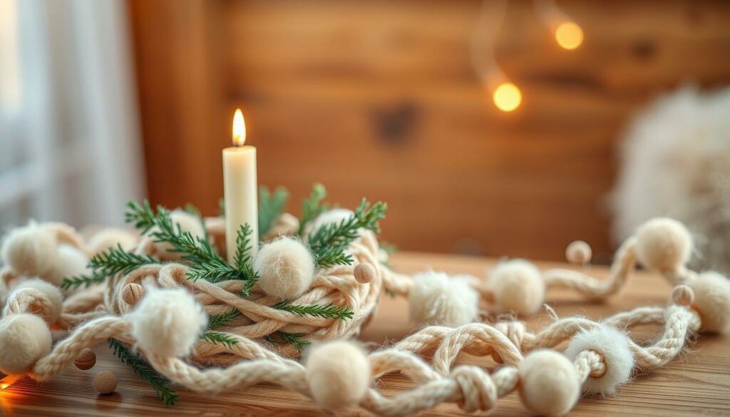 A cozy, festive Advent decoration made of fluffy, natural-colored wool. In the foreground, a wreath of woven wool threads, with scattered sprigs of evergreen and a single, glowing candle at the center. Surrounding the wreath, a scattering of wool pom-poms in various sizes, some suspended on delicate strings. In the middle ground, a garland of twisted wool stretches across the scene, its strands occasionally dotted with small wool balls. The background blurs into a soft, hazy setting, perhaps a warm, wooden interior with gentle lighting, creating a serene, inviting atmosphere.