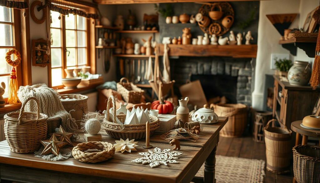 A cozy, rustic interior scene showcasing an assortment of traditional handicraft projects. In the foreground, a wooden table displays an array of handmade items, including woven baskets, knitted scarves, and intricate paper ornaments. Warm, natural lighting filters through a window, casting a gentle glow over the scene. In the middle ground, shelves line the walls, displaying more artisanal creations, such as beaded jewelry, ceramic figures, and hand-painted pottery. The background features a fireplace, its flickering flames adding to the overall sense of coziness and nostalgia. The overall atmosphere evokes a timeless, homespun charm, capturing the essence of "weitere traditionelle Bastelideen".