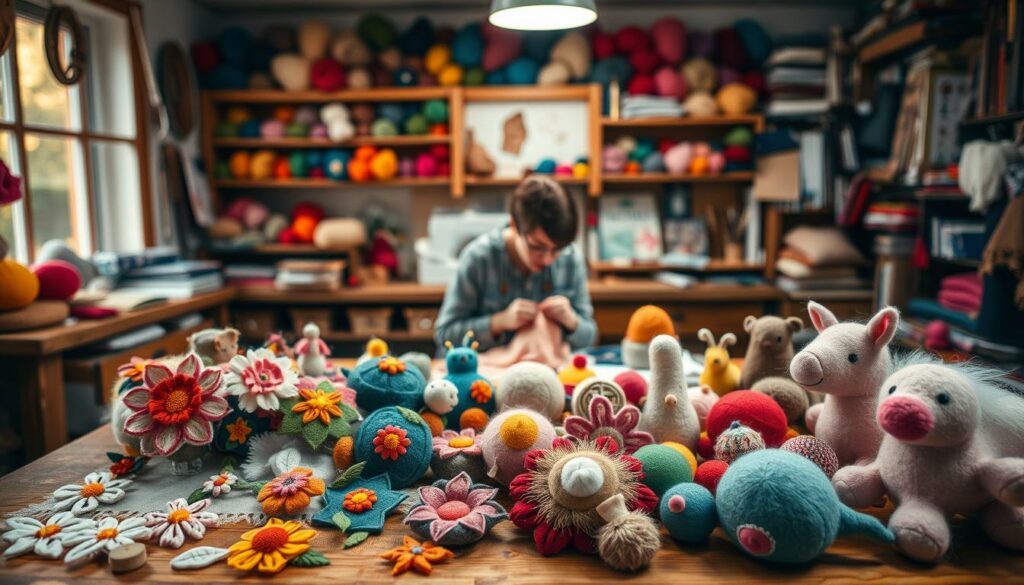 A cozy workshop filled with an array of creative Filzprojekte. In the foreground, a collection of handcrafted felt items - delicate floral appliqués, vibrant geometric shapes, and plush animal figures. In the middle ground, a skilled artisan hand-sewing a new project, their focused gaze and nimble fingers bringing the felt to life. The background reveals an inspiring workspace, with shelves brimming with colorful wool roving, sewing tools, and inspiring reference materials. Warm, diffused lighting casts a gentle glow, highlighting the rich textures and hues of the felted creations. An atmosphere of artistry, patience, and joyful exploration pervades the scene.