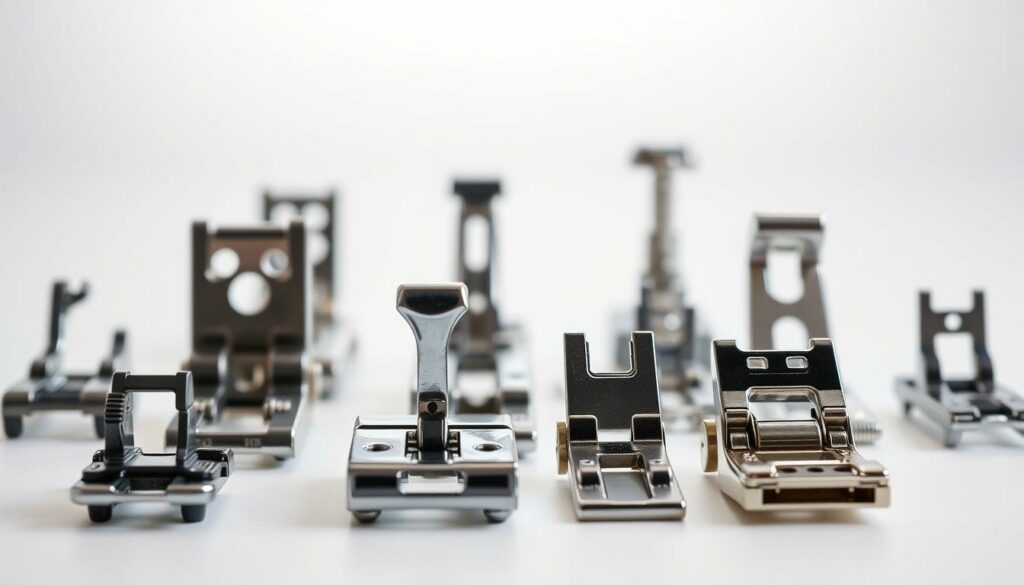 A detailed, close-up view of various sewing machine presser feet, also known as Nähfüßchen, arranged in a visually appealing and informative manner. The feet are carefully displayed against a clean, minimalist background with soft, even lighting to showcase their intricate designs and functionalities. The composition emphasizes the diversity of these specialized tools, capturing their unique shapes, sizes, and purposes in a way that complements the "Zusätzliche Nähfüßchen" section of the article. The image conveys a sense of precision, craftsmanship, and the essential role these accessories play in the art of sewing.