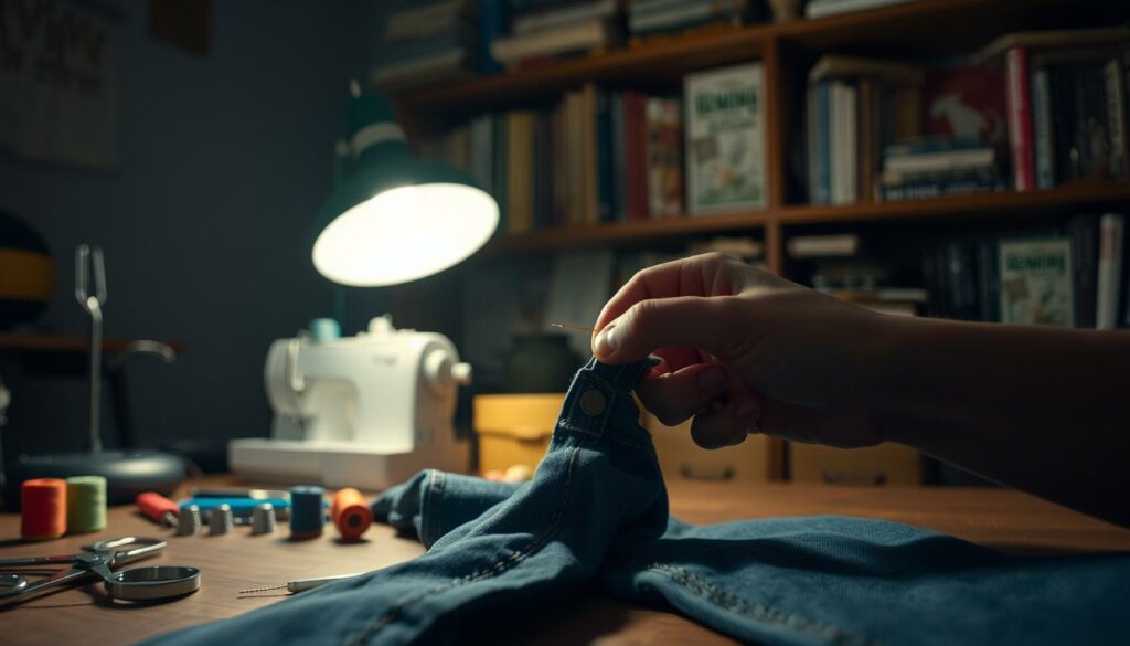 A dimly lit sewing room, the soft glow of a desk lamp illuminating a well-worn pair of denim jeans. In the foreground, a skilled hand expertly threads a needle, carefully mending a rip with delicate stitches. The middle ground features an array of sewing tools - scissors, thimbles, spools of thread in various colors - arranged neatly on a wooden table. In the background, a cozy bookshelf filled with sewing manuals and pattern books, conveying a sense of enduring expertise and dedication to the craft of textile repair. The overall atmosphere is one of quiet concentration and timeless, lasting craftsmanship.
