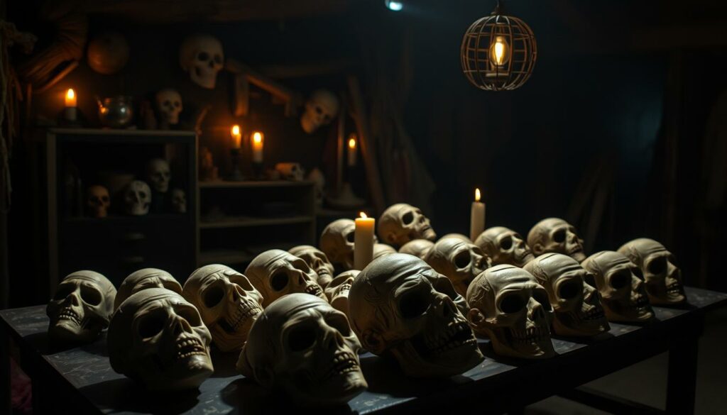 A dimly lit studio filled with an eerie atmosphere, showcasing an array of grisly gypsum masks in various stages of creation. In the foreground, a table displays an assortment of plaster-cast faces, some with hollow eyes and gaping mouths, evoking a sense of unsettling dread. Intricate textures and detailed features capture the handcrafted essence of these macabre masks. Shadows cast by flickering candlelight lend a haunting, otherworldly quality, as if the masks themselves are about to come to life. The background fades into a shadowy, mysterious realm, hinting at the dark processes involved in bringing these ghastly creations to fruition.