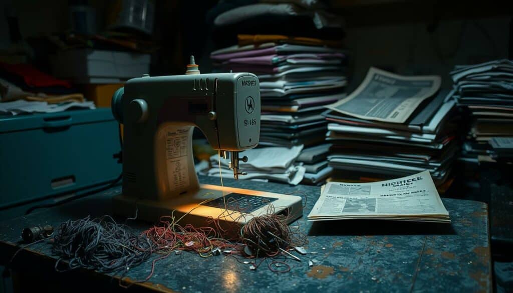 A dimly lit workshop, the whirring of a cheap sewing machine echoes through the cluttered space. On a worn workbench, a tangle of threads and broken needles hint at the machine's limitations. In the background, stacks of unfinished projects and a worn-out instruction manual suggest the frustrations of using a budget-friendly model. The scene conveys a sense of disappointment and the challenges faced by beginner sewers when relying on inexpensive, low-quality equipment.