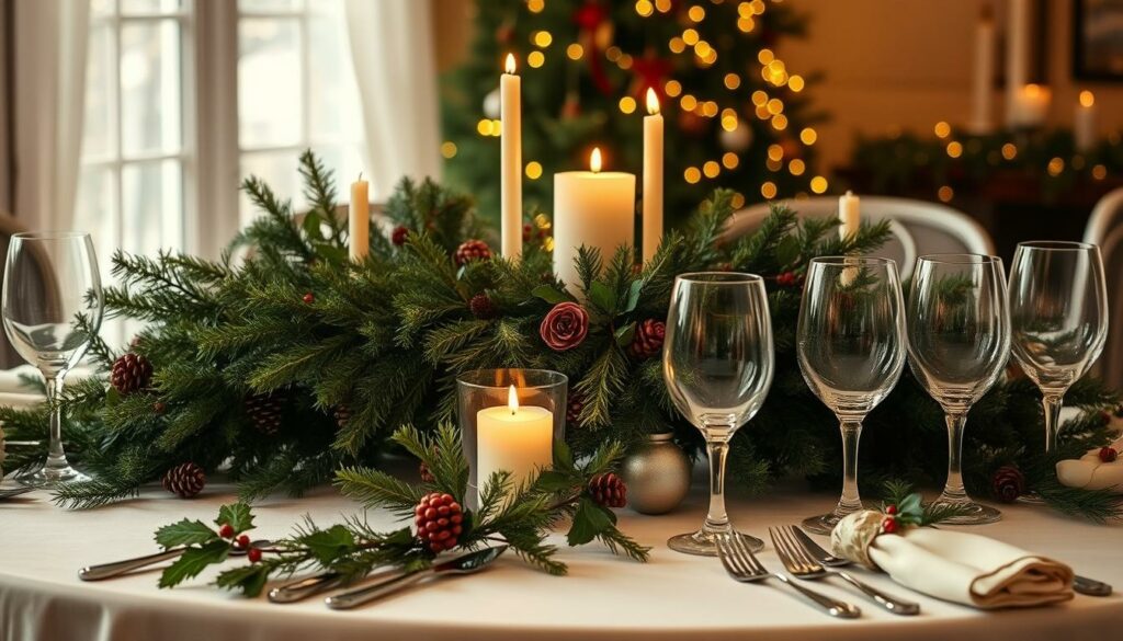A festive table setting with a centerpiece of lush, evergreen garlands and candles flickering softly. A white tablecloth adorned with sprigs of holly and pine cones, against a backdrop of warm, golden lighting. Elegant stemware and silverware glisten, while napkins are folded into intricate patterns. The scene exudes a cozy, inviting atmosphere, perfect for a wonderful Christmas gathering.