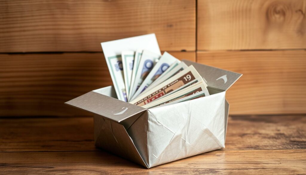 A handmade DIY gift box made from toffifee candy wrappers, set against a rustic wooden background with warm, soft lighting. The box is neatly constructed with clean lines and precise folding, featuring a subtle metallic sheen from the foil wrappers. Inside, a stack of crisp banknotes is visible, creating a visually appealing contrast between the textured, recycled materials and the sleek, modern currency. The overall composition conveys a sense of thoughtfulness, creativity, and the joy of giving a personalized, meaningful gift.