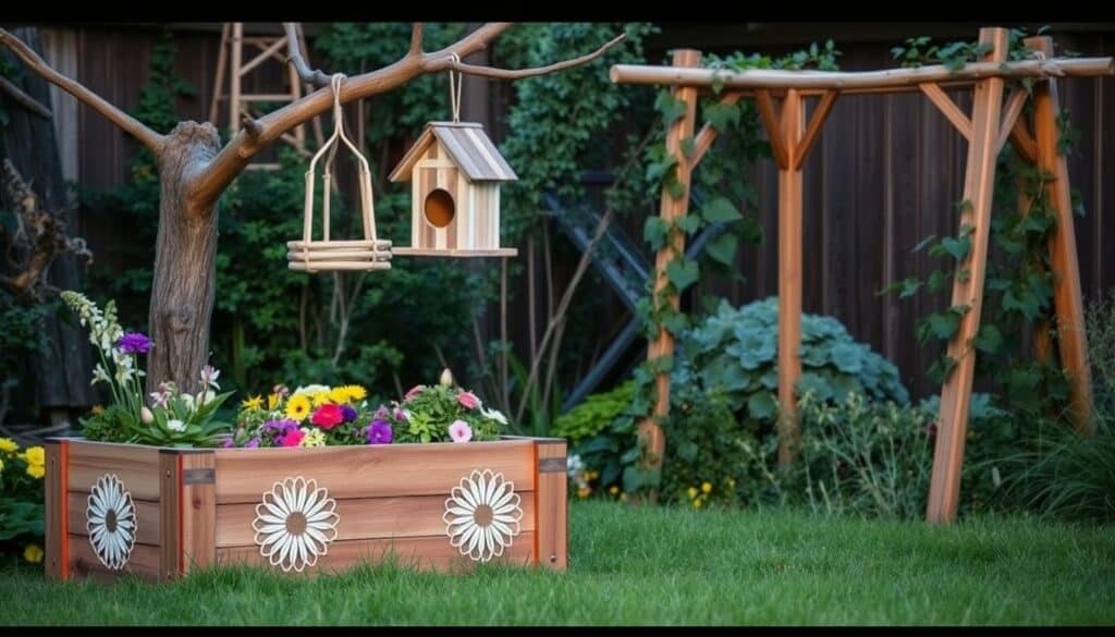 A lush outdoor garden setting, with a variety of DIY projects featuring recycled ice cream sticks. In the foreground, a wooden planter box filled with vibrant flowers and greenery, the sides adorned with intricate patterns created using the repurposed ice cream sticks. In the middle ground, a whimsical bird feeder hangs from a rustic branch, its structure built entirely from the sturdy sticks. In the background, a wooden trellis supports climbing vines, the support beams elegantly crafted from the same versatile material. Soft, warm lighting illuminates the scene, casting a cozy and inviting atmosphere. The overall composition showcases the versatility and charm of using ice cream sticks for unique and eco-friendly garden projects.