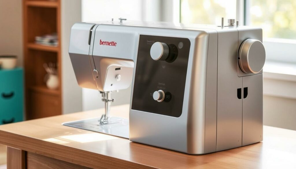 A modern, stylish sewing machine with a sleek silver body and minimal, intuitive controls. The "Bernette Sew & Go 8" sits atop a clean, wooden surface, illuminated by soft, natural lighting from a nearby window. The machine's precision components and robust design hint at its versatility, able to effortlessly handle thick, heavy fabrics. The scene exudes a sense of calm productivity, inviting the viewer to imagine the satisfying creations that could emerge from this capable, user-friendly tool.