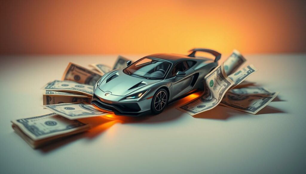 A sleek, personalized car accessory adorned with carefully arranged banknotes, capturing the essence of a creative money gift. The main focus is a well-crafted model car, positioned prominently on a minimalist surface. Surrounding the car are various denominations of currency, meticulously placed to create a visually striking and harmonious composition. Warm, indirect lighting casts a subtle glow, highlighting the textures and details of the materials. The overall scene evokes a sense of thoughtfulness, personalization, and the celebration of automotive passion through a unique monetary gift.