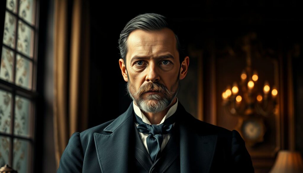 A striking portrait of Isaac Merritt Singer, the renowned inventor of the sewing machine. Set against a dimly lit, elegant Victorian-style interior, he stands tall and dignified, his gaze direct and piercing. Intricate details of his face and attire are rendered with exceptional clarity - the sharp lines of his jaw, the steely determination in his eyes, the luxurious folds of his tailored suit. Dramatic lighting casts dramatic shadows, heightening the sense of gravitas and historical significance. The overall composition exudes a sense of power, innovation, and the sheer force of Singer's singular vision that revolutionized domestic life.