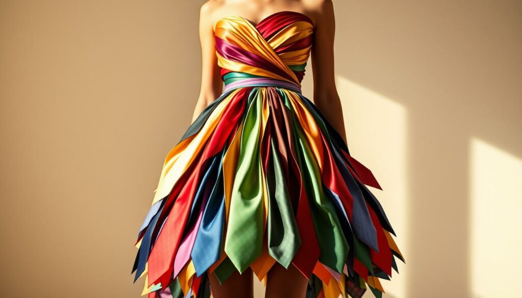 A stunning dress made from a vibrant assortment of upcycled neckties. Soft, flowing folds of silk and satin in a rainbow of colors cascade from the fitted bodice, creating a unique and eye-catching silhouette. The skirt is structured with sharp pleats, each tie artfully arranged to form an intricate, overlapping pattern. Warm, natural lighting casts a gentle glow, highlighting the luxurious textures and hues. The model stands tall, confidently showcasing this one-of-a-kind creation against a neutral, minimalist backdrop, inspiring viewers to see the endless creative possibilities in repurposing everyday items.