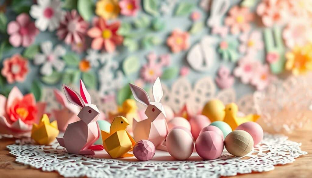 A vibrant and whimsical scene of handcrafted paper decorations for Easter. In the foreground, intricate origami bunnies, chicks, and eggs in a variety of pastel hues rest on a delicate lace doily. The middle ground features an array of paper cutouts in the shapes of flowers, leaves, and delicate filigree patterns. In the background, a soft, out-of-focus bokeh effect creates a dreamlike atmosphere, evoking the warmth and anticipation of the springtime holiday. The lighting is soft and diffused, casting a warm, natural glow on the delicate paper textures. The overall composition conveys a sense of joy, creativity, and the rich tradition of paper crafting for Easter celebrations.