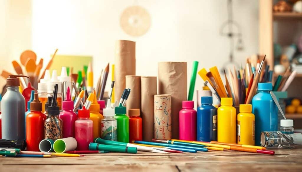 A vibrant, creative craft scene showcasing a range of colorful art supplies and materials. In the foreground, an array of paint bottles, brushes, and other tools are arranged neatly on a wooden surface, creating a visually striking composition. In the middle ground, several cardboard tubes, possibly from toilet paper rolls, stand upright, ready to be transformed into imaginative art projects. The background features a soft, blurred backdrop, allowing the vibrant colors and textures of the crafting materials to take center stage. The lighting is warm and natural, casting a gentle glow over the scene and conveying a sense of warmth and creativity. The overall mood is one of playfulness, inspiration, and the joy of hands-on, DIY crafting.