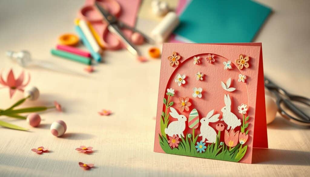 A vibrant, handmade Easter card in the foreground, featuring intricate paper-cut designs of flowers, eggs, and whimsical bunnies. The card is set against a soft, pastel-colored background, with a subtle, natural texture like watercolor paper or linen. In the middle ground, various craft supplies are arranged neatly, including colored paper, scissors, glue, and other decorative elements. The lighting is warm and gentle, creating a cozy, inviting atmosphere that evokes the spirit of spring and the joy of Easter celebrations. The overall composition is balanced and visually appealing, capturing the essence of creating personalized Easter cards and gift tags.