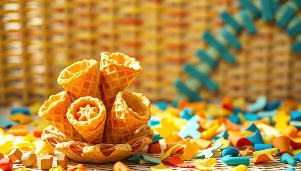 A vibrant summer scene showcasing a DIY ice cream cone craft, set against a backdrop of colorful eggcart woven textures. In the foreground, a cluster of homemade Eiswaffeln (waffle cones) sit atop an eggcart base, each meticulously crafted with intricate patterns and a golden, crisp exterior. Soft, natural lighting bathes the scene, highlighting the tactile, handmade quality of the project. In the middle ground, an assortment of vibrant eggcart pieces, in shades of yellow, orange, and blue, create a playful, textured surface. The background features a soft, blurred eggcart weave pattern, adding depth and suggesting a seasonal, outdoor setting. The overall mood is one of creativity, warmth, and the joyful, DIY spirit of summer.