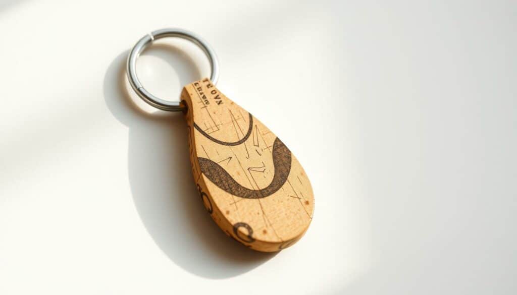 A visually striking close-up of a handmade DIY keychain crafted from natural cork material. The intricate design features a sleek, minimalist form with a smooth, tactile surface. Artful textures and patterns are created through the creative use of cork's unique grain and visual properties. Soft, natural lighting accentuates the warm, earthy tones and organic feel of the keychain, evoking a sense of rustic charm and artisanal craftsmanship. The keychain is positioned against a plain, uncluttered background to highlight its crafted beauty and functional appeal as a visually captivating everyday accessory.