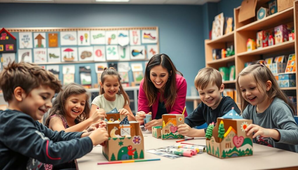 A well-lit classroom scene, with cheerful students collaborating on creative projects using colorful, intricately-decorated cardboard shoe boxes. In the foreground, a group of young children excitedly assemble their shoebox dioramas, adding intricate details and vibrant paints. In the middle ground, a teacher guides the students, offering encouragement and suggestions. The background shows various inspirational shoebox crafts displayed on shelves, showcasing the diverse range of imaginative designs. Soft, diffused lighting creates a warm, inviting atmosphere, highlighting the joy and concentration on the students' faces as they immerse themselves in the educational, hands-on activity.