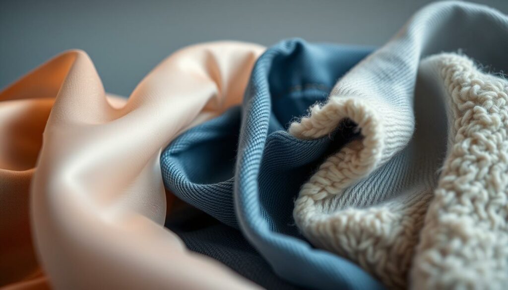 A well-lit, close-up shot showcasing the intricate textures and nuanced properties of various fabric materials. The foreground features an assortment of swatches, including smooth satin, lightweight chiffon, crisp denim, and soft fleece. The middle ground blurs slightly, highlighting the dimensional qualities of the fabrics as they catch the gentle studio lighting. The background is a neutral, minimalist setting, allowing the fabrics to take center stage. The overall composition conveys a sense of exploration and examination, inviting the viewer to closely inspect the unique characteristics of each material. The mood is one of focused contemplation, guiding the observer's attention to the subtle differences between these diverse textile types.