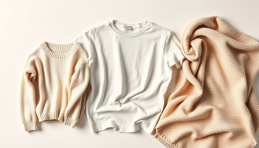 A well-lit studio shot of various jersey clothing items and home goods, including a cozy sweater, a soft t-shirt, and a plush blanket. The items are arranged neatly on a clean, white backdrop, showcasing the versatility and suitability of jersey fabric for a range of everyday applications. The lighting is warm and flattering, accentuating the natural drape and texture of the materials. The overall composition is balanced and visually appealing, highlighting the practical and stylish nature of jersey fabrics.