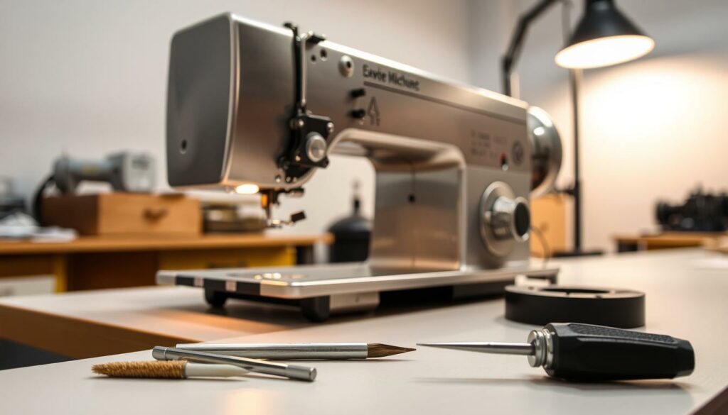 A well-lit workshop table showcases a meticulously maintained overlock sewing machine. The machine is positioned at a slight angle, allowing for a clear view of its intricate mechanisms. The brushed metal casing reflects the warm glow of a desk lamp, highlighting the precision engineering. In the foreground, a set of specialized tools - including tweezers, a small brush, and a screwdriver - are neatly arranged, ready to assist in the maintenance process. The background features a clean, minimalist space, emphasizing the focus on the machine's upkeep. The overall mood is one of diligence, attention to detail, and the pride of keeping a valuable tool in pristine condition.