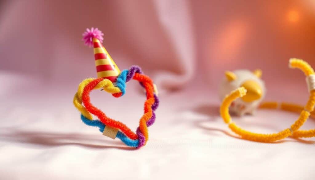 A whimsical still life featuring a heart-shaped brooch, delicately crafted from colorful pipe cleaners, adorned with a playful party hat. The brooch is set against a soft, dreamlike background, with gentle lighting casting warm shadows and highlights, creating a cozy, inviting atmosphere. The composition is balanced and visually appealing, drawing the viewer's attention to the intricate and imaginative details of the pipe cleaner jewelry piece. The overall scene conveys a sense of playfulness, creativity, and the versatility of this humble craft material.