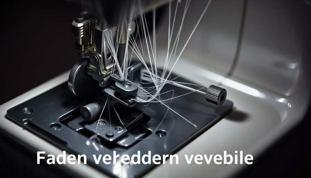 An intricate close-up of a sewing machine's mechanisms, showcasing the delicate dance of threads as they intertwine seamlessly. The image captures the essence of "Fadenverheddern vermeiden" (Avoiding Thread Tangles), with a precise focus on the tension discs, take-up lever, and bobbin case, all illuminated by soft, diffused lighting that casts subtle shadows, emphasizing the machine's inner workings. The composition is balanced, drawing the viewer's attention to the critical components responsible for smooth, tangle-free sewing. The overall mood is one of precision, functionality, and the importance of understanding the machine's inner workings to maintain flawless performance.