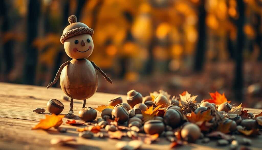 Detailed autumn-themed scene depicting a charming Kastanienmann (chestnut man) figurine standing on a wooden surface. The figure is composed of various chestnut parts, including a rounded chestnut body, stick arms, and acorn cap hat. The warm, soft lighting casts gentle shadows, highlighting the intricate texture and natural colors of the materials. In the middle ground, an array of fallen chestnut shells, leaves, and other autumnal elements create a cozy, rustic atmosphere. The background features a blurred, out-of-focus forest scene with vibrant orange and yellow foliage, evoking the essence of the season. The overall scene conveys a sense of handcrafted whimsy and the beauty of natural materials.