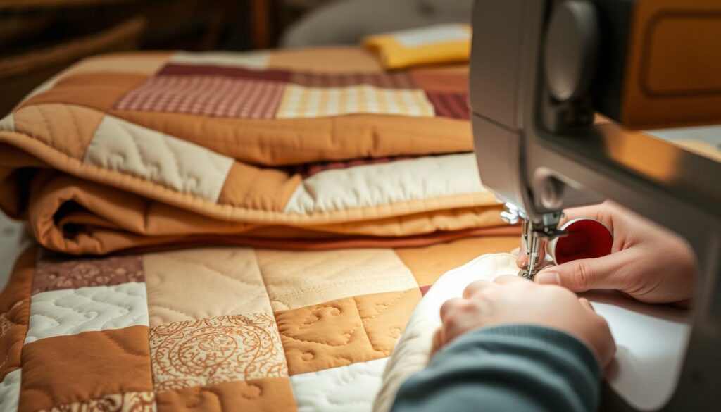 Quiltschichten verbinden: A cozy quilt top, its layers neatly stacked, awaiting the final stitches that will unite them. Warm, earthy tones predominate, with subtle variations in hue and texture creating a harmonious patchwork. Soft, diffused lighting bathes the scene, highlighting the intricate stitching and the gentle folds of the fabric. In the foreground, a skilled pair of hands carefully guides a sewing machine, meticulously quilting the layers together, weaving a beautiful and functional piece. The background, slightly blurred, suggests a serene, homely environment, inviting the viewer to imagine the finished quilt adorning a bed or a cozy living space.
