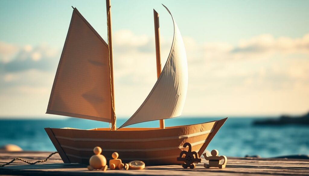 Segelschiff DIY: A majestic cardboard sailboat in warm, natural light. The hull is crafted from sturdy, textured cardboard, with intricate folds and creases creating the shape. A simple but elegant white sail catches the breeze, billowing gracefully. The mast is a sturdy cardboard cylinder, topped with a small pennant. In the foreground, a handful of wooden or cardboard embellishments add a touch of whimsy - perhaps tiny carved sailors or a miniature compass. The background is a softly blurred scene, hinting at a peaceful coastal setting with hints of blue sky and distant horizon. The overall composition exudes a sense of adventure, craftsmanship, and the joy of creating something from humble materials.